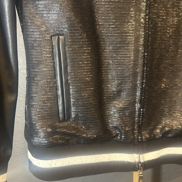 Black Vegan Leather & Sequin Varsity Jacket by Mural size XS - Picture 6 of 7